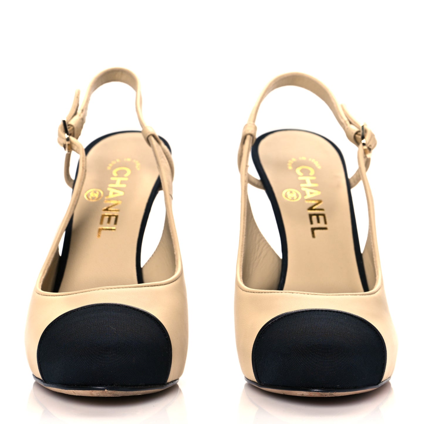 Lambskin Grosgrain Cap Toe CC Slingback Pumps 38 Beige Black