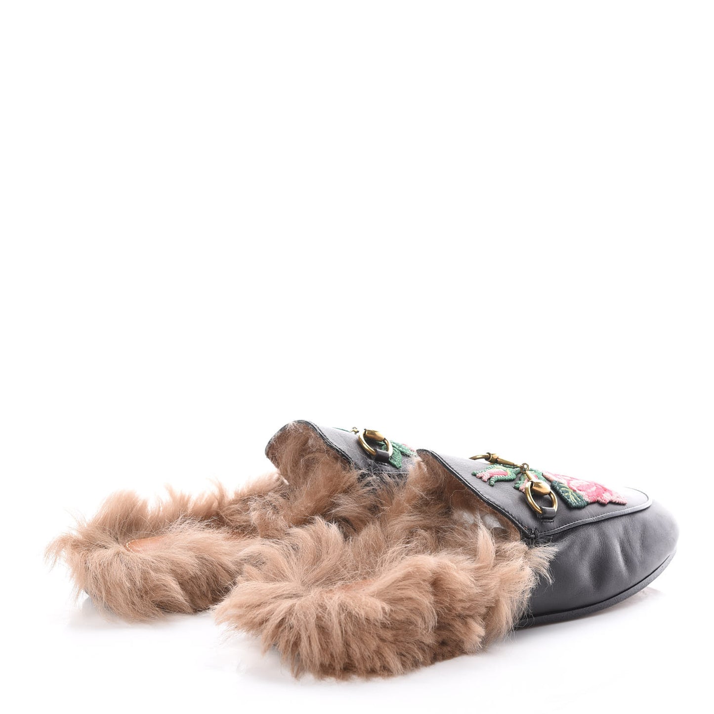 Calfskin Fur Flower Embroidered Womens Princetown Slippers 36 Black