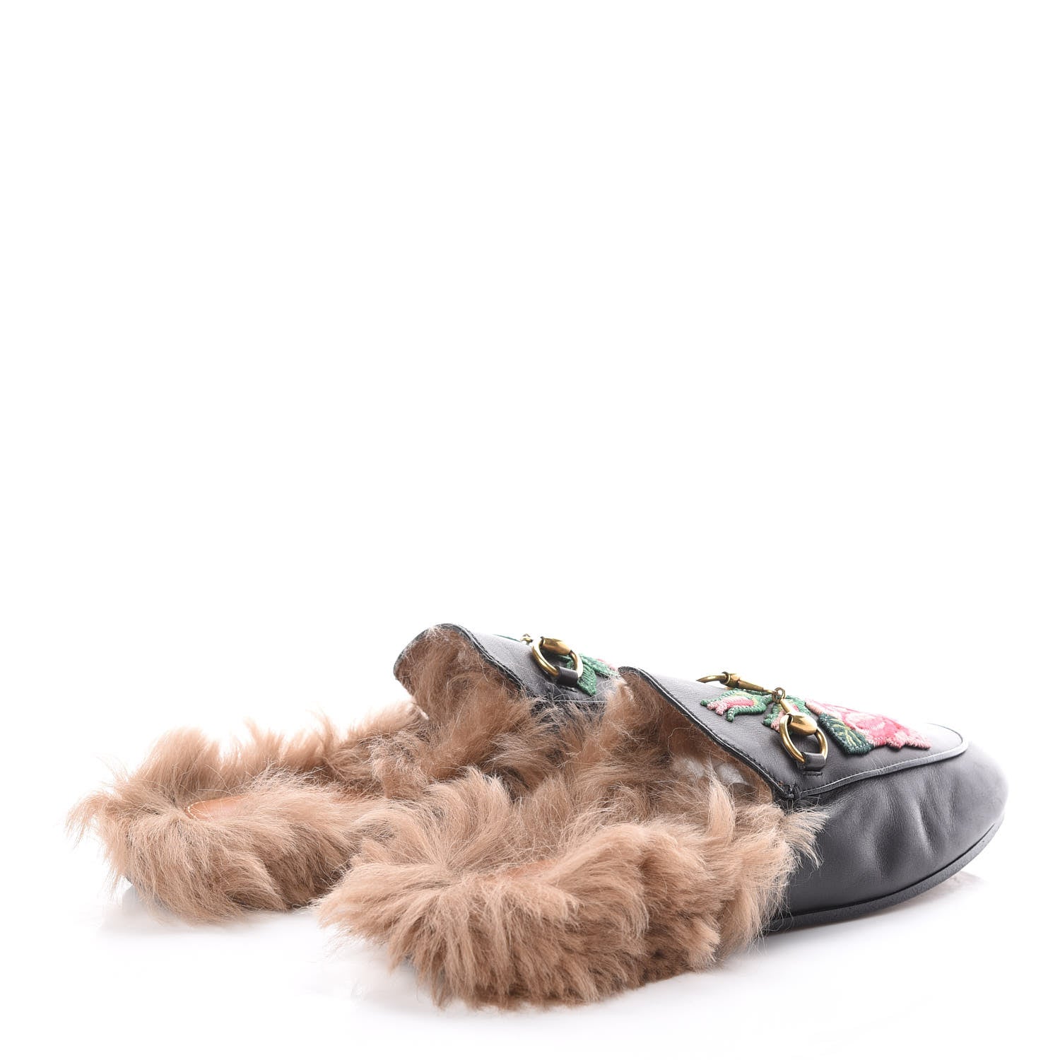 Gucci Calfskin Fur Flower Embroidered Womens Princetown Slippers 36 Black 4 of 11