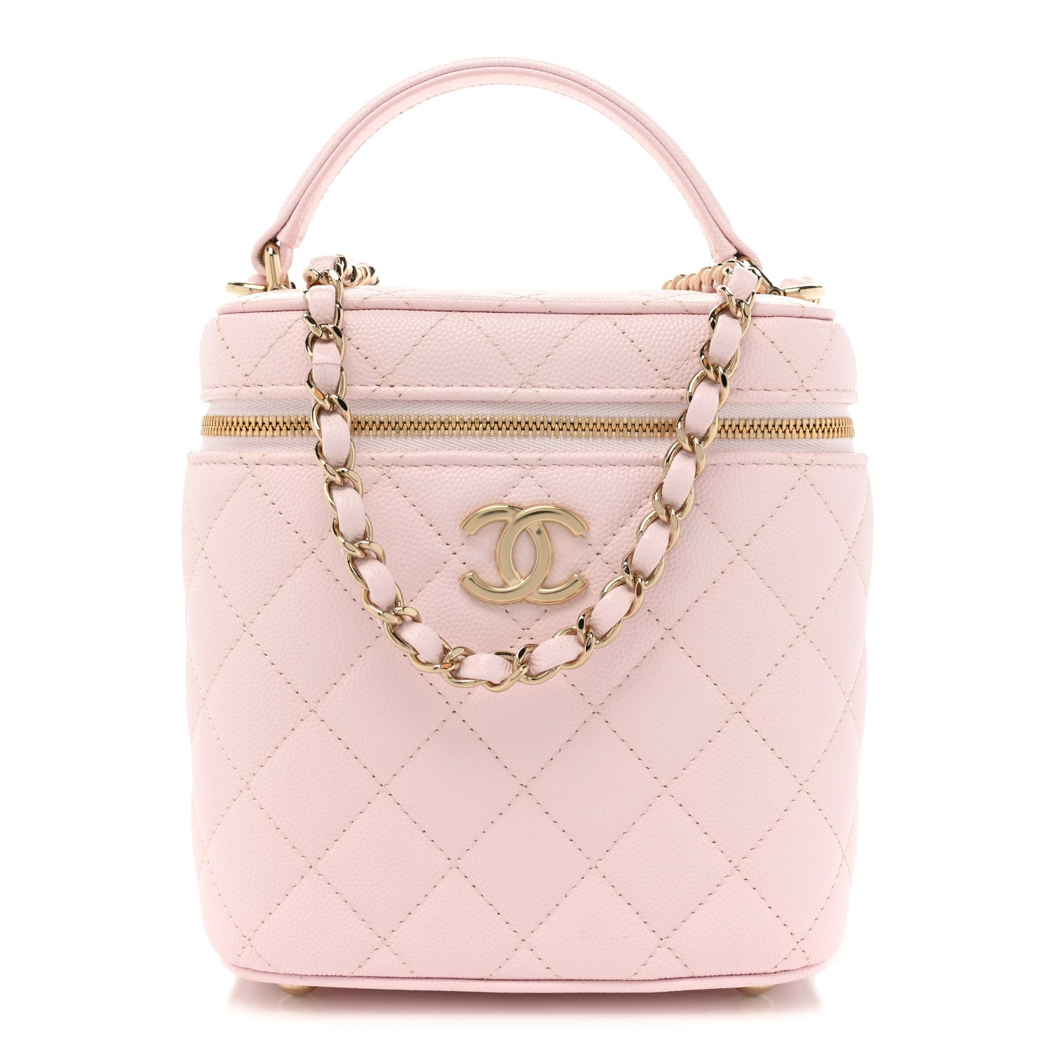 image of CHANEL Caviar Quilted Small Top Handle Vanity Case With Chain in the color Light Pink by FASHIONPHILE