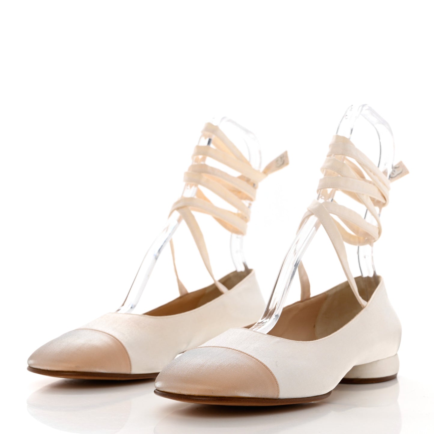 Satin Cap Toe Ballerina Ankle Wrap Flats 40 White Beige