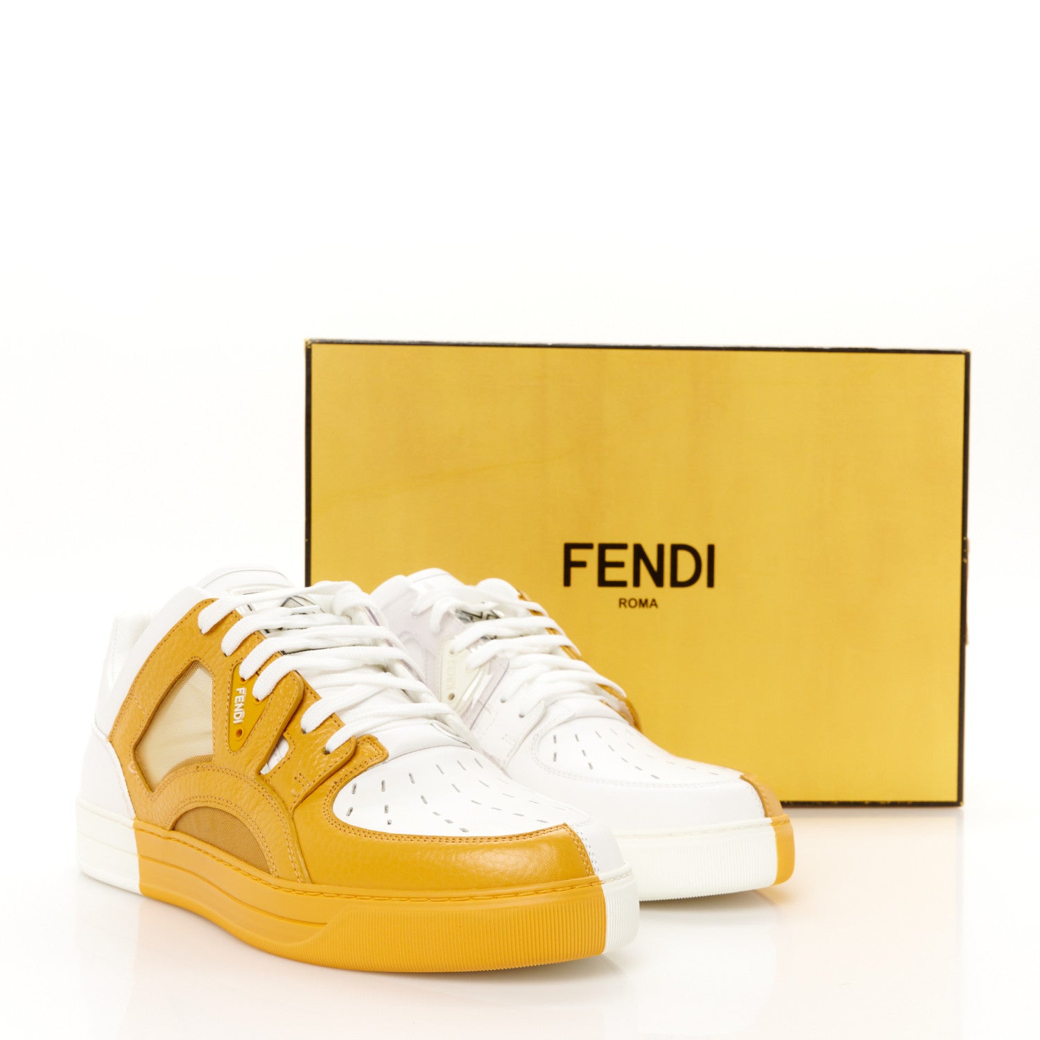 Fendi Grained Calfskin Fabric Mesh Mens Fancy Low Top Sneakers 42 White Yellow 11 of 11