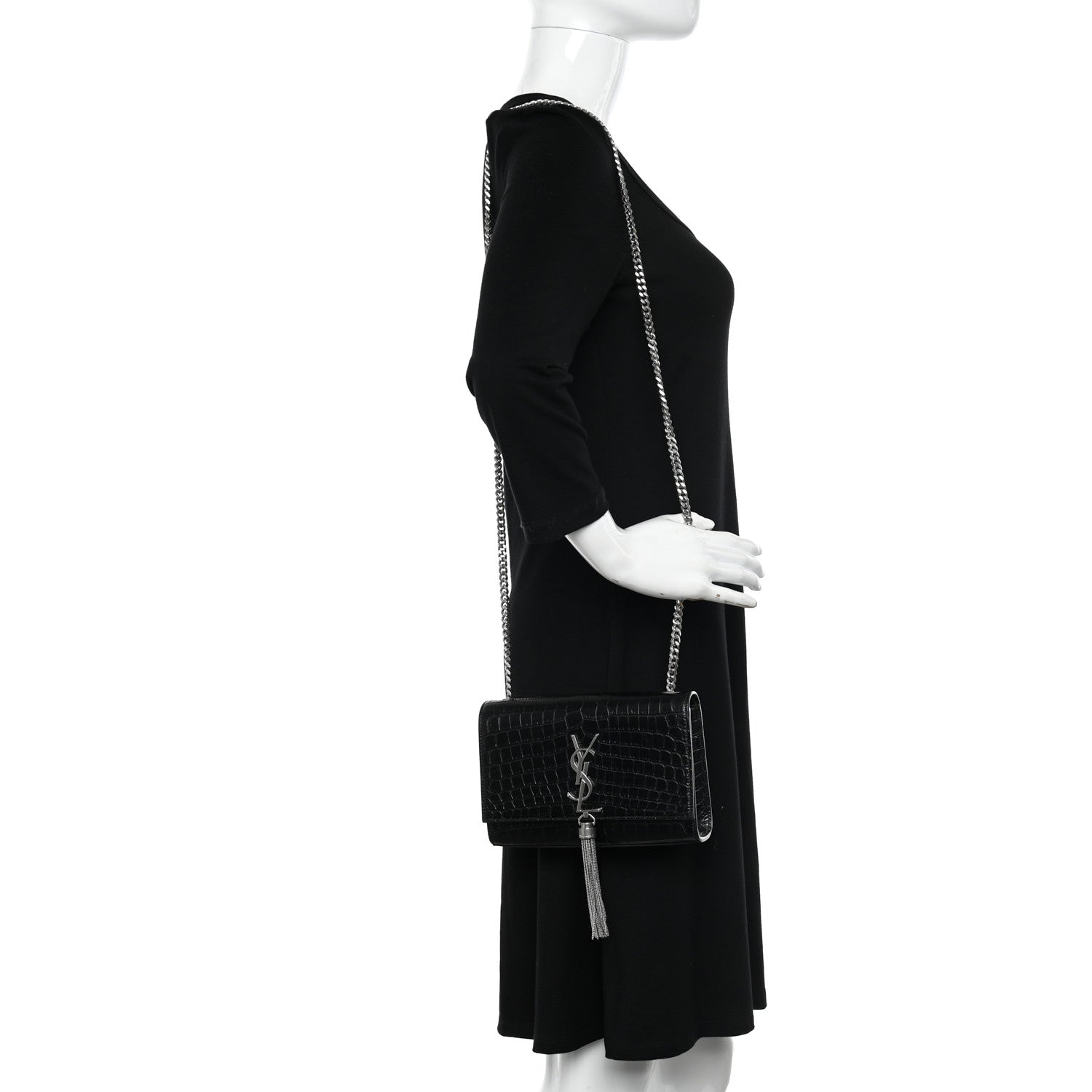Saint Laurent Calfskin Crocodile Embossed Small Classic Monogram Kate Tassel Satchel Black 2 of 10