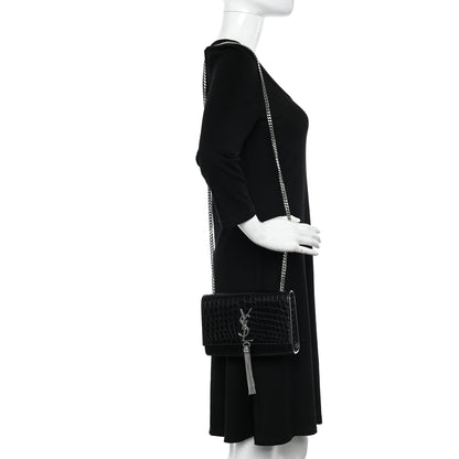 Saint Laurent Calfskin Crocodile Embossed Small Classic Monogram Kate Tassel Satchel Black 2 of 10