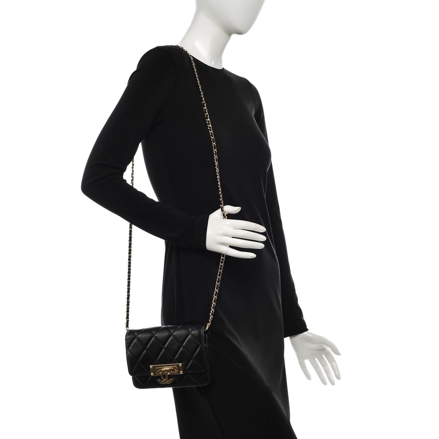 Lambskin Quilted Golden Class Wallet on Chain WOC Black