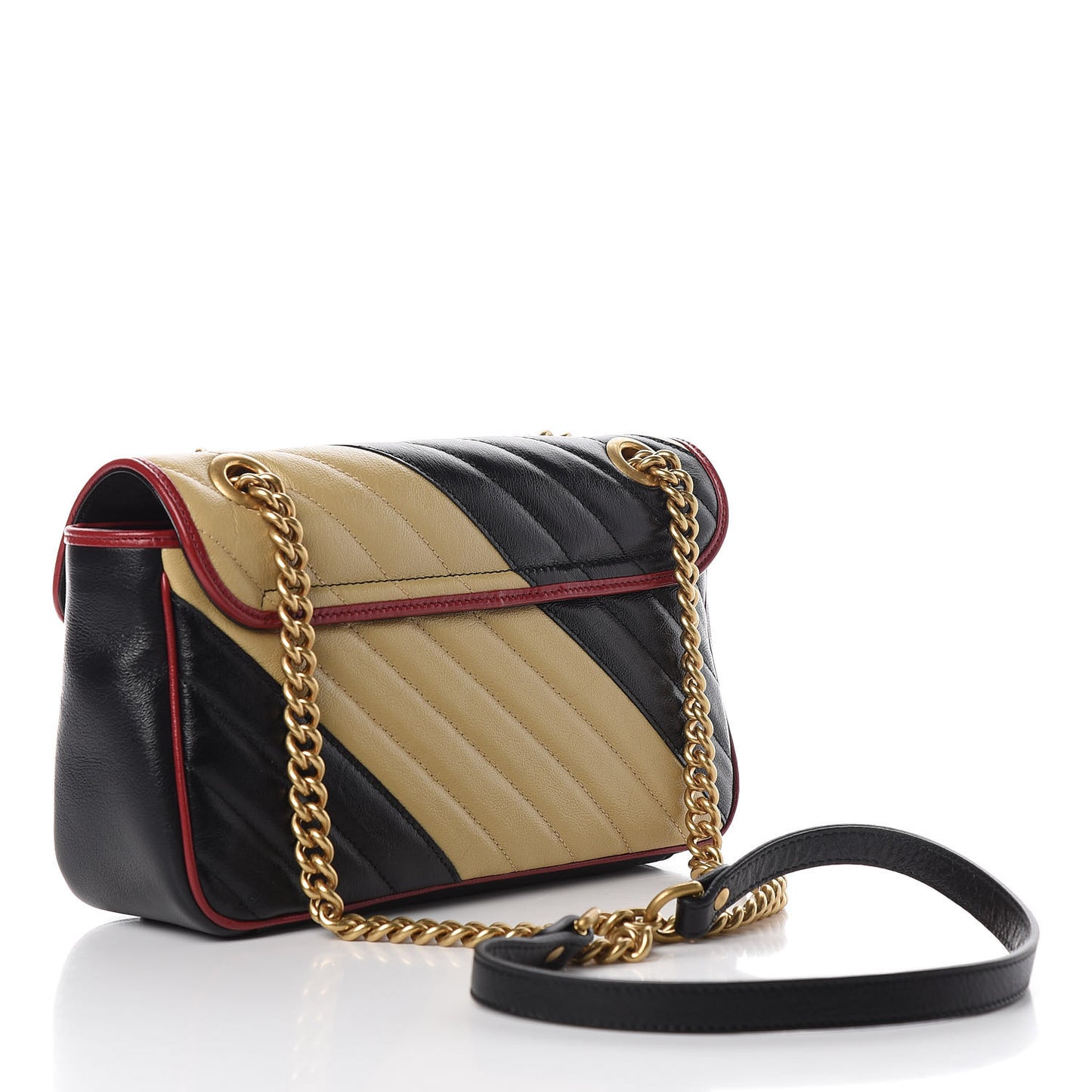Vintage Effect Calfskin Matelasse Diagonal Striped Small Torchon GG Marmont Shoulder Bag Black Beige