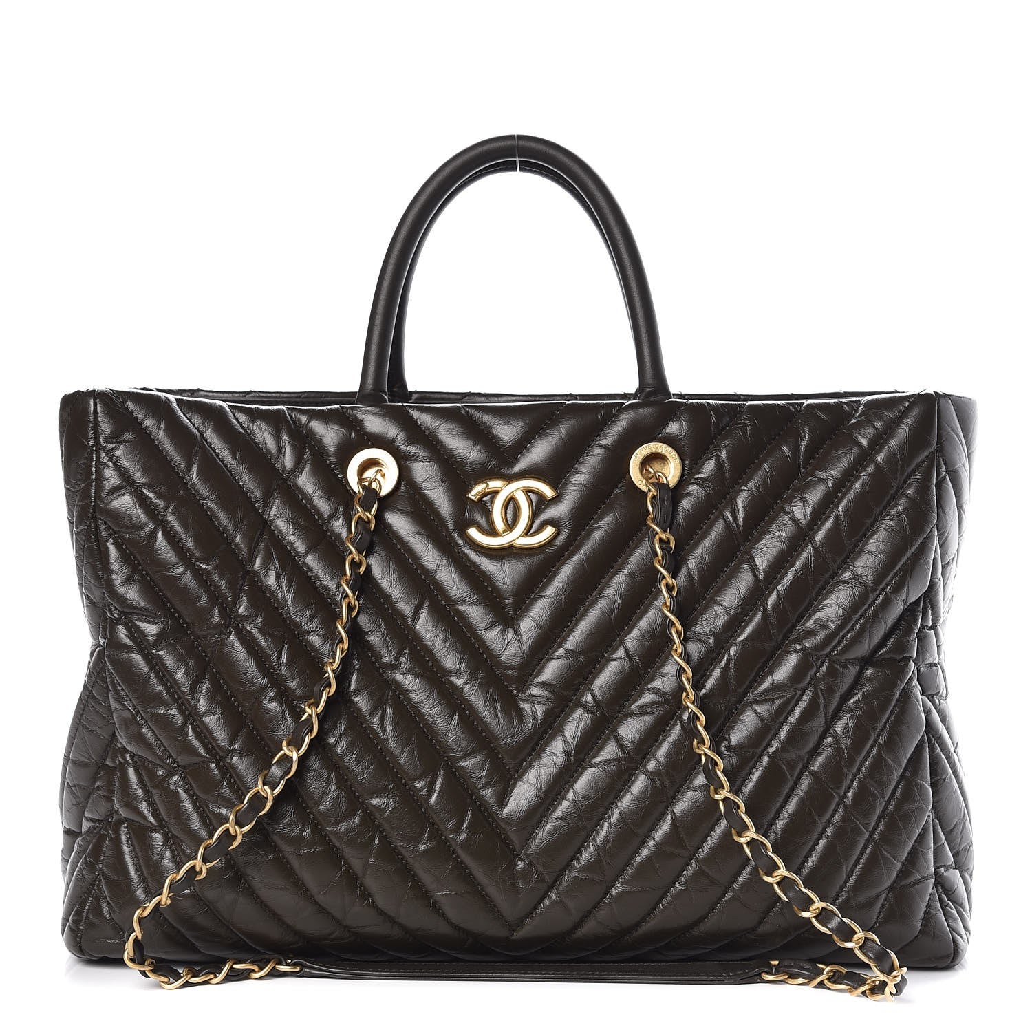 Chanel Aged Calfskin Chevron Large Coco Handle Shopping Tote Dark Green 1 of 8