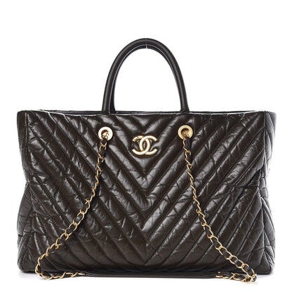 Chanel Aged Calfskin Chevron Large Coco Handle Shopping Tote Dark Green 1 of 8