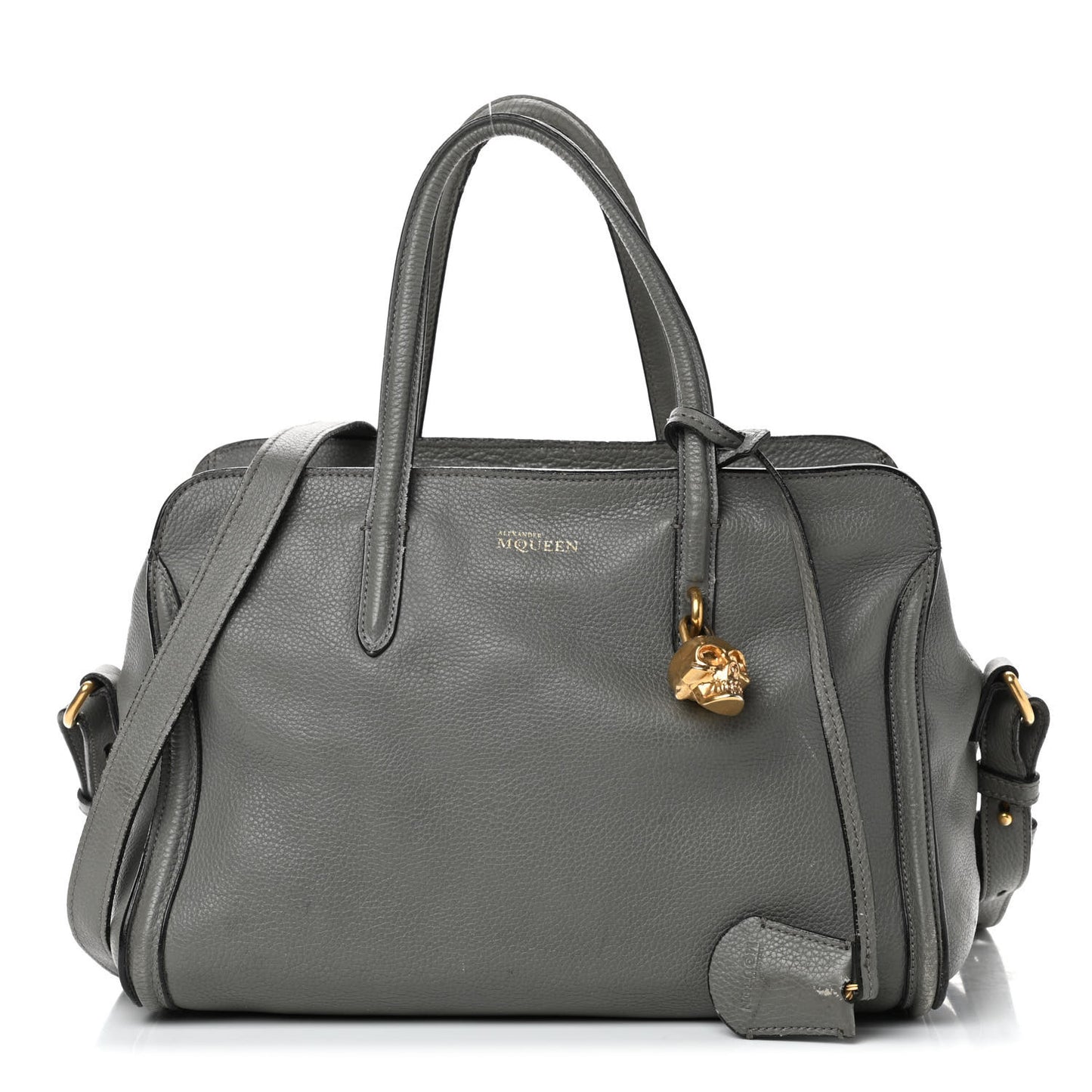 Pebbled Calfskin Small Skull Padlock Zip Around Tote Grey