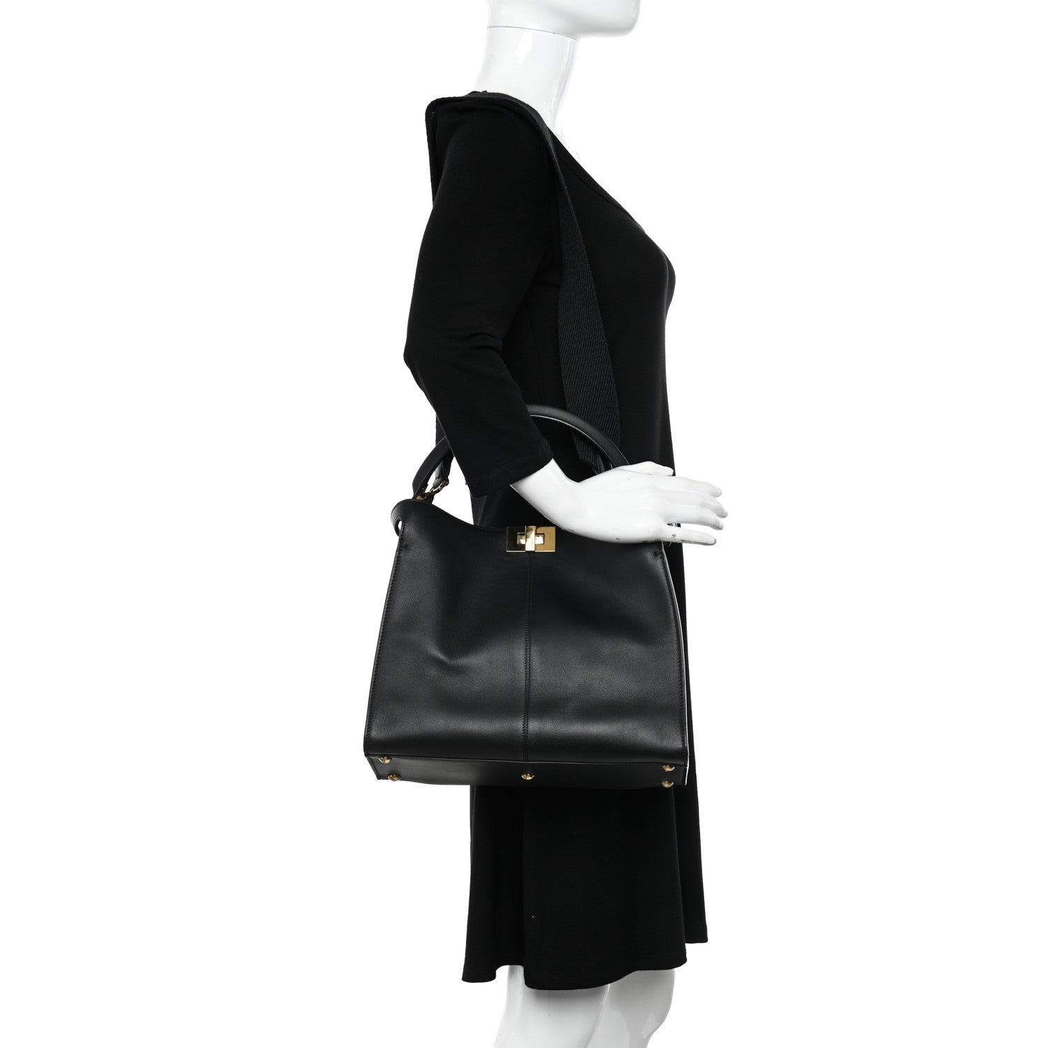 Fendi Vitello Seta Glazed Fabric FF 1974 Medium Peekaboo X-Lite Black Mogano Panna 2 of 9