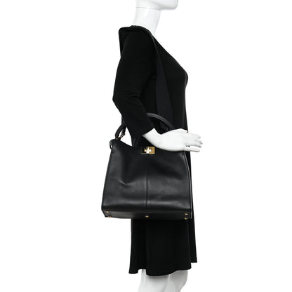 Fendi Vitello Seta Glazed Fabric FF 1974 Medium Peekaboo X-Lite Black Mogano Panna 2 of 9
