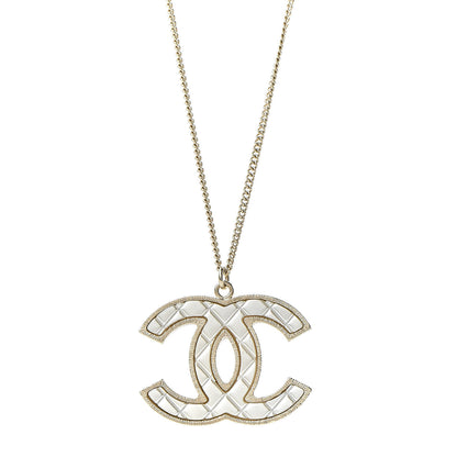 Chanel Metal Quilted CC Pendant Necklace Gold White 5 of 6