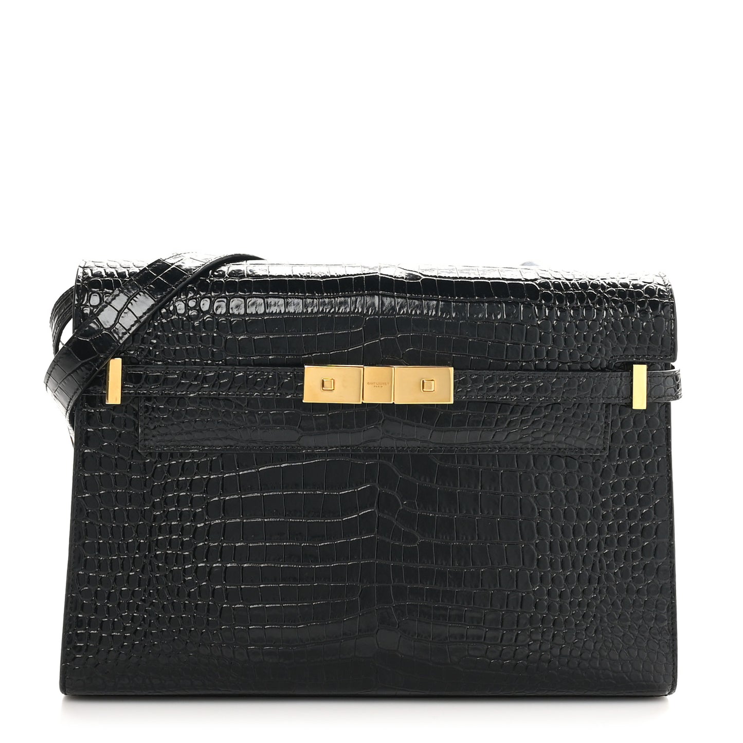 Shiny Calfskin Crocodile Embossed Manhattan Baguette Black
