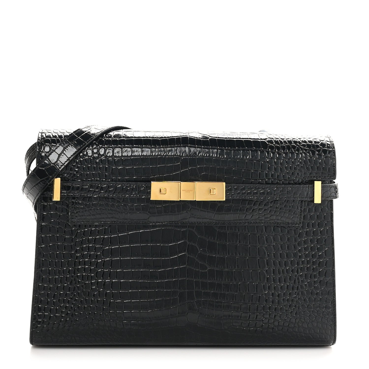 Saint Laurent Shiny Calfskin Crocodile Embossed Manhattan Baguette Black 1 of 10