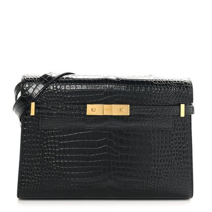 Saint Laurent Shiny Calfskin Crocodile Embossed Manhattan Baguette Black 1 of 10