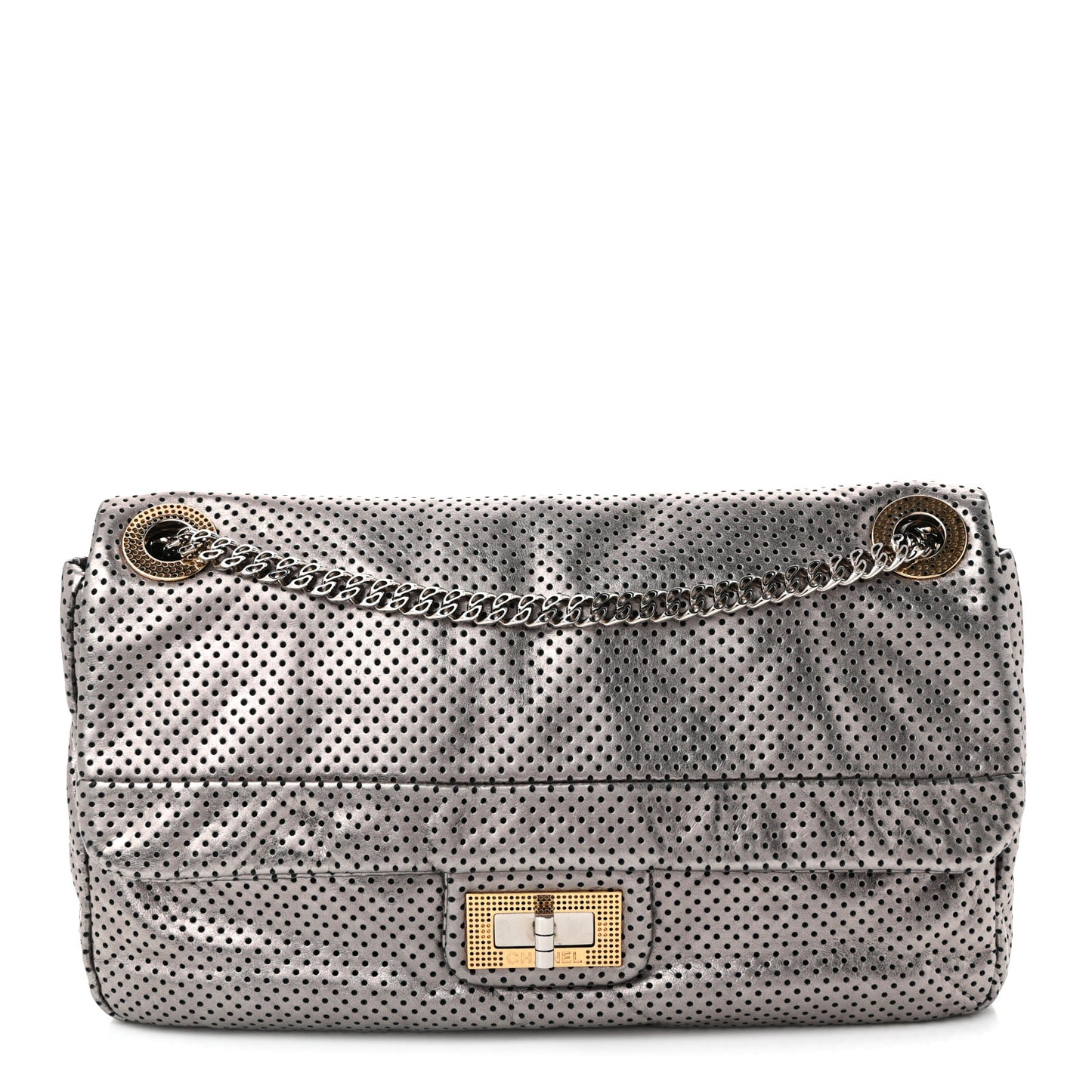 Metallic Crackled Calfskin Perforated Drill Flap Bronze
