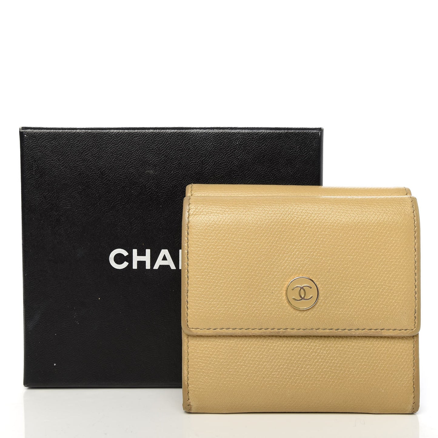 Grained Calfskin CC Button Compact Wallet Beige