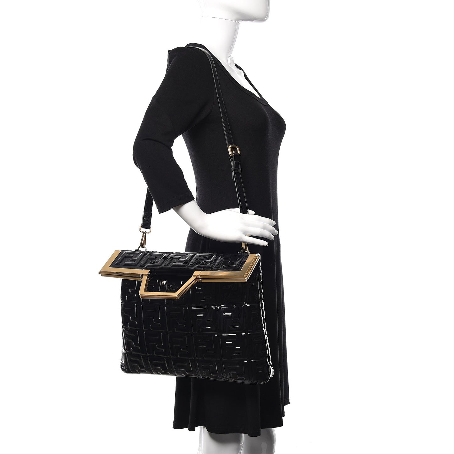 Patent FF 1974 Embossed Medium Shopping Flap Bag Black