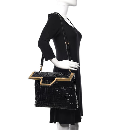 Fendi Patent FF 1974 Embossed Medium Shopping Flap Bag Black 3 of 10