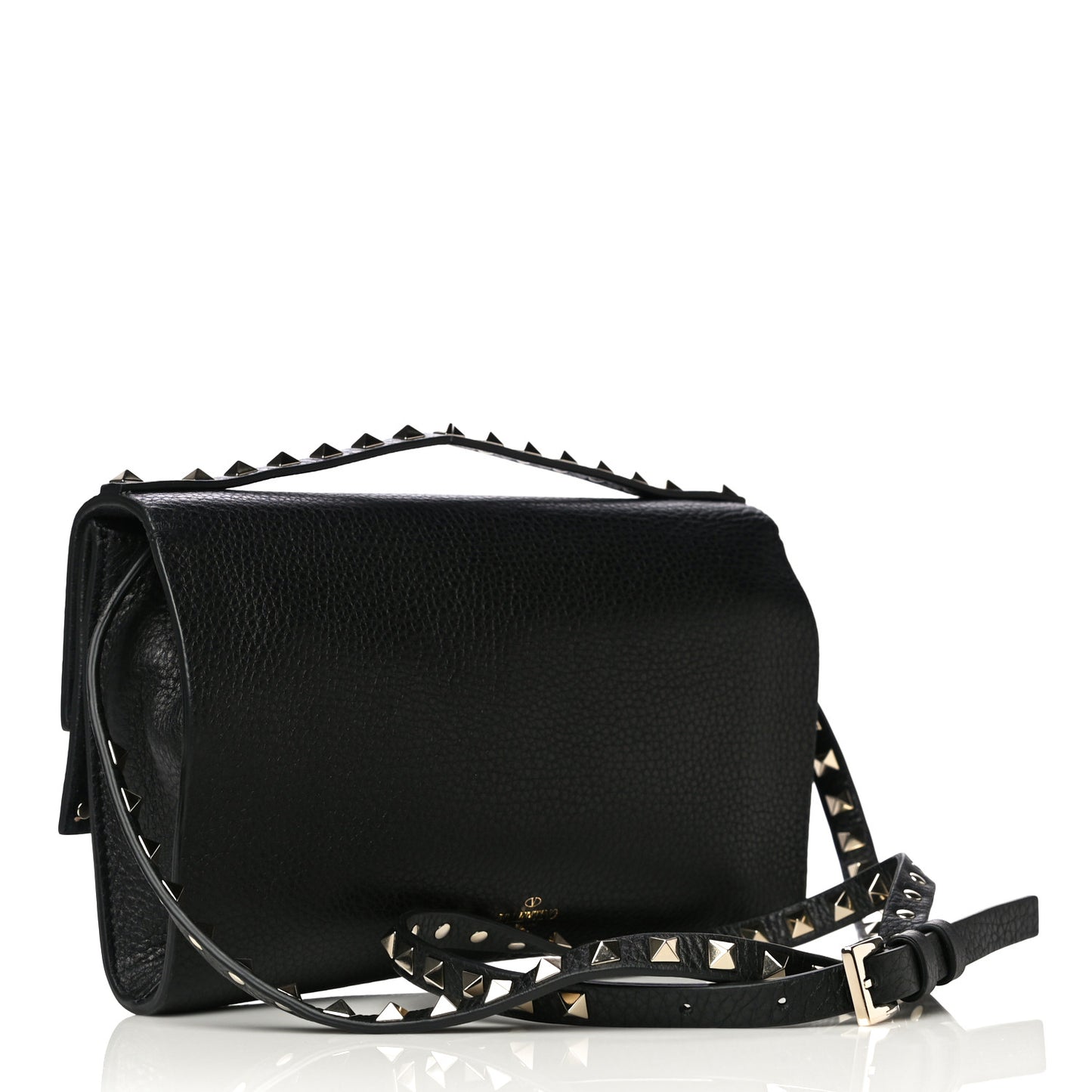 Grainy Calfskin Rockstud Double Flap Crossbody Bag Black