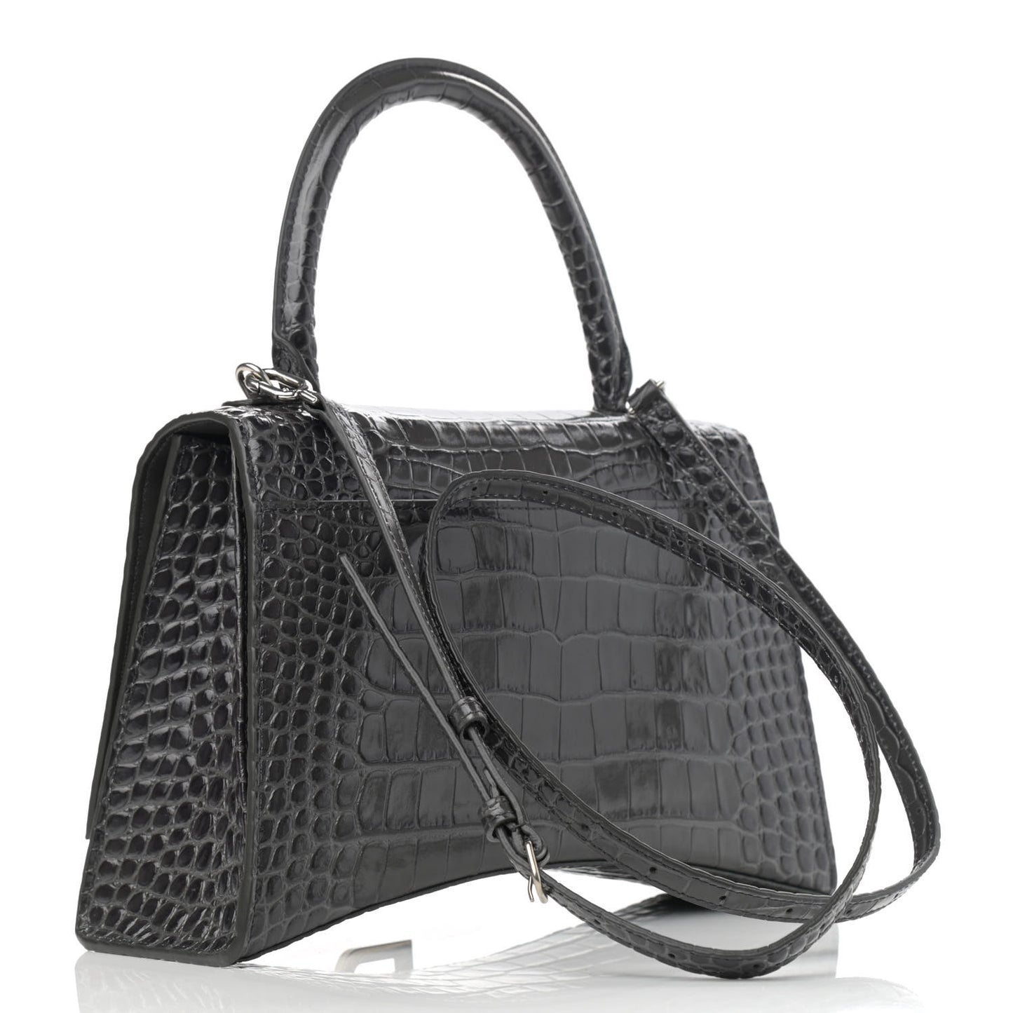 Shiny Calfskin Crocodile Embossed Medium Hourglass Top Handle Bag Dark Grey