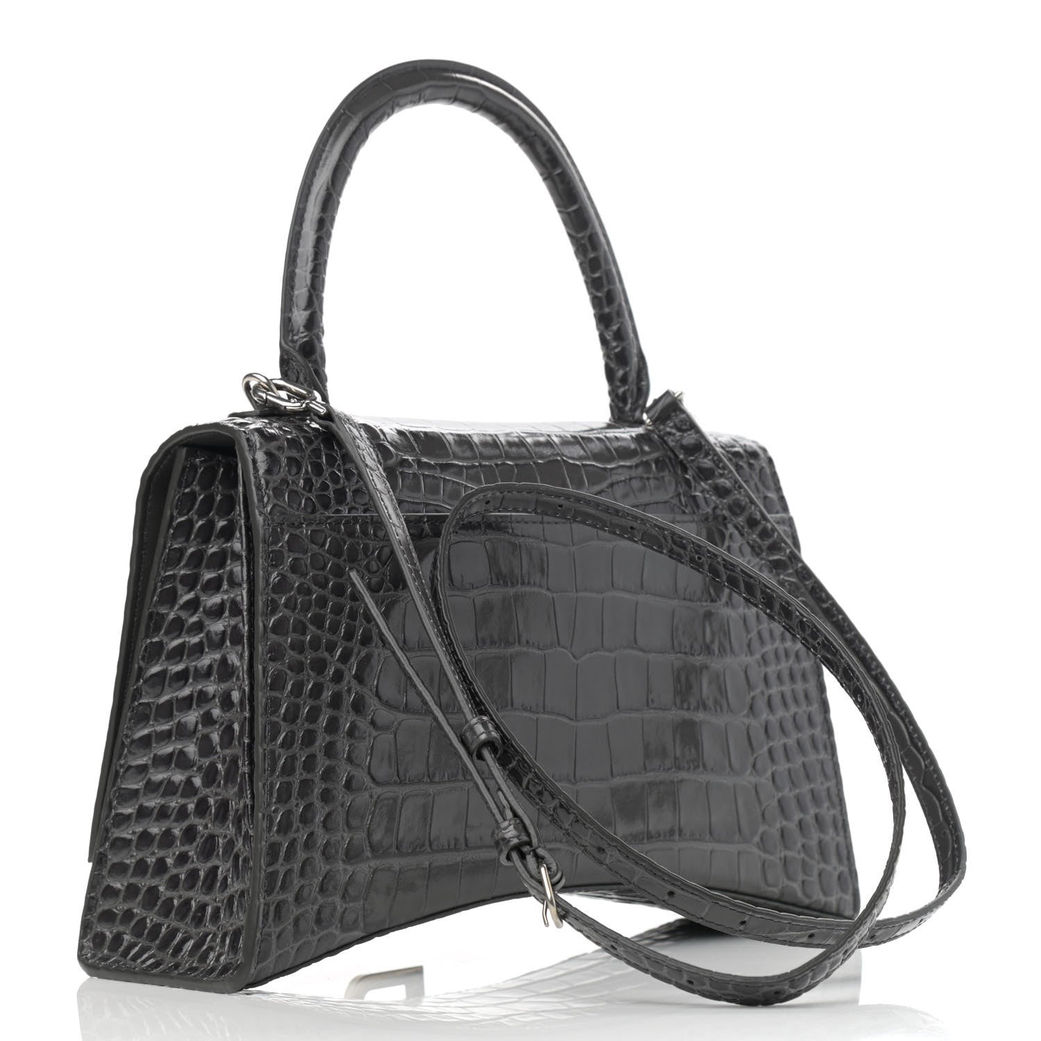 Balenciaga Shiny Calfskin Crocodile Embossed Medium Hourglass Top Handle Bag Dark Grey 3 of 11