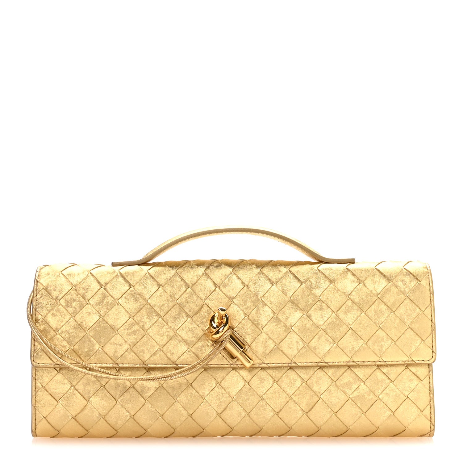 Bottega Veneta Metallic Satin Lambskin Intrecciato Long Andiamo Top Handle Clutch Gold 1 of 10