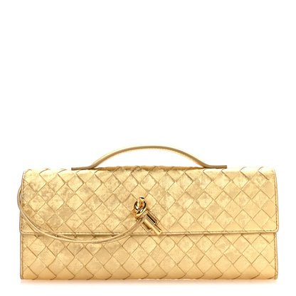 Bottega Veneta Metallic Satin Lambskin Intrecciato Long Andiamo Top Handle Clutch Gold 1 of 10