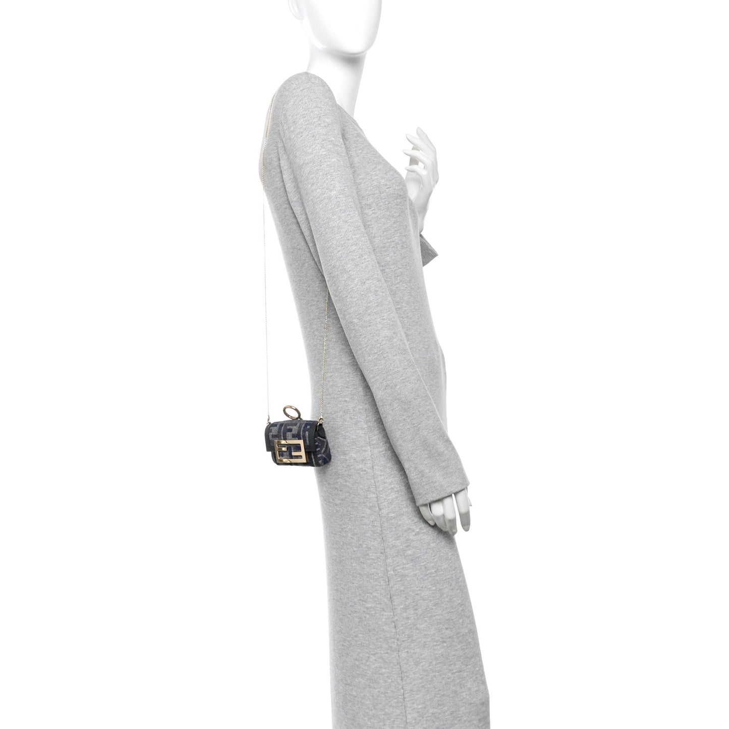 Fabric Vitello Jacquard FF Nano Maxi Buckle Baguette Charm Blue Grey