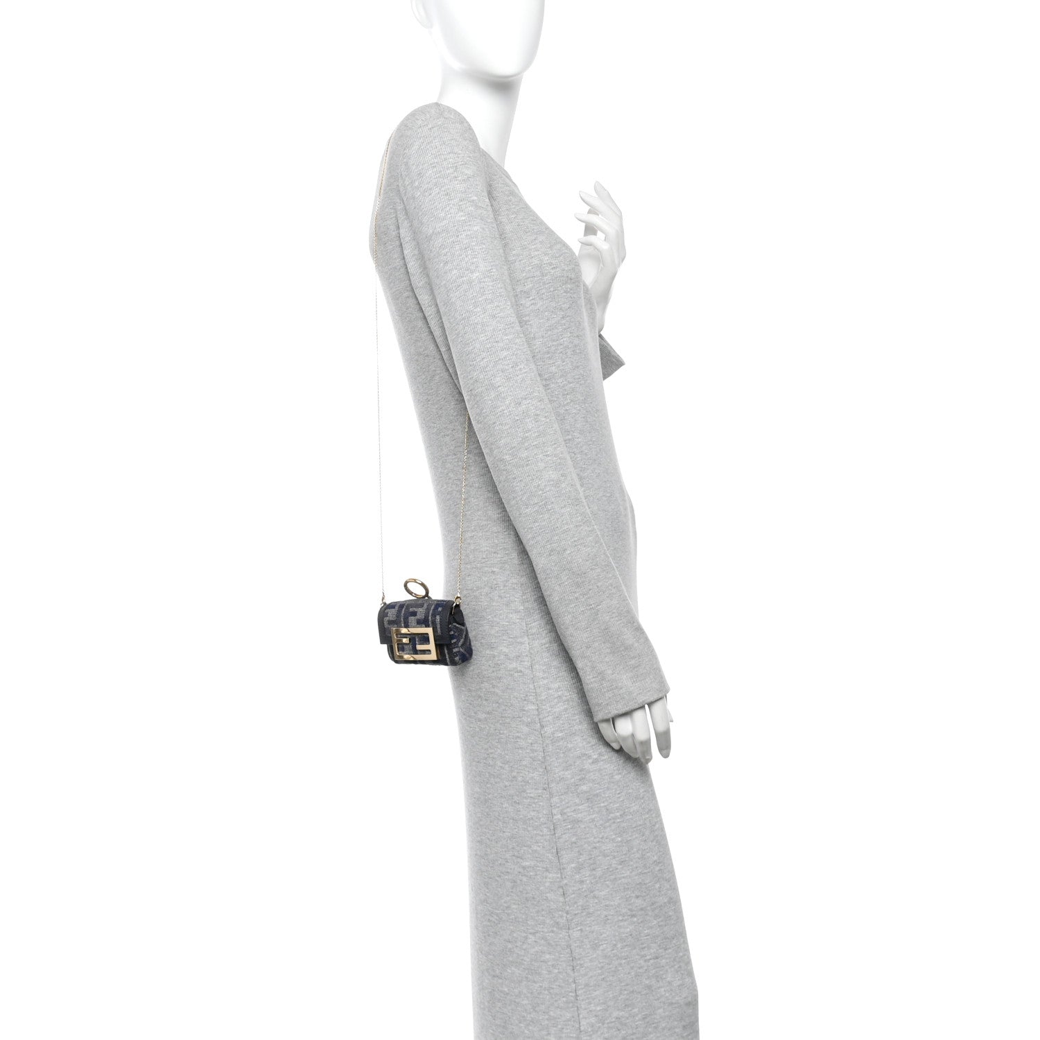 Fendi Fabric Vitello Jacquard FF Nano Maxi Buckle Baguette Charm Blue Grey 2 of 10