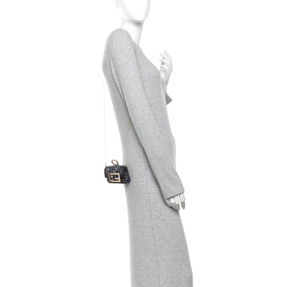 Fendi Fabric Vitello Jacquard FF Nano Maxi Buckle Baguette Charm Blue Grey 2 of 10