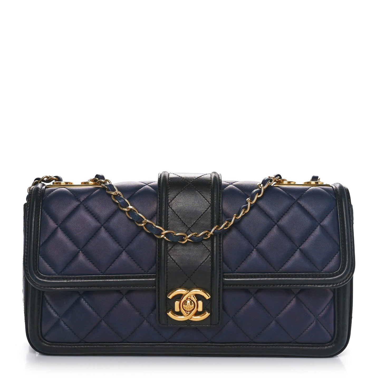 Calfskin Quilted Large Elegant CC Flap Navy Black
