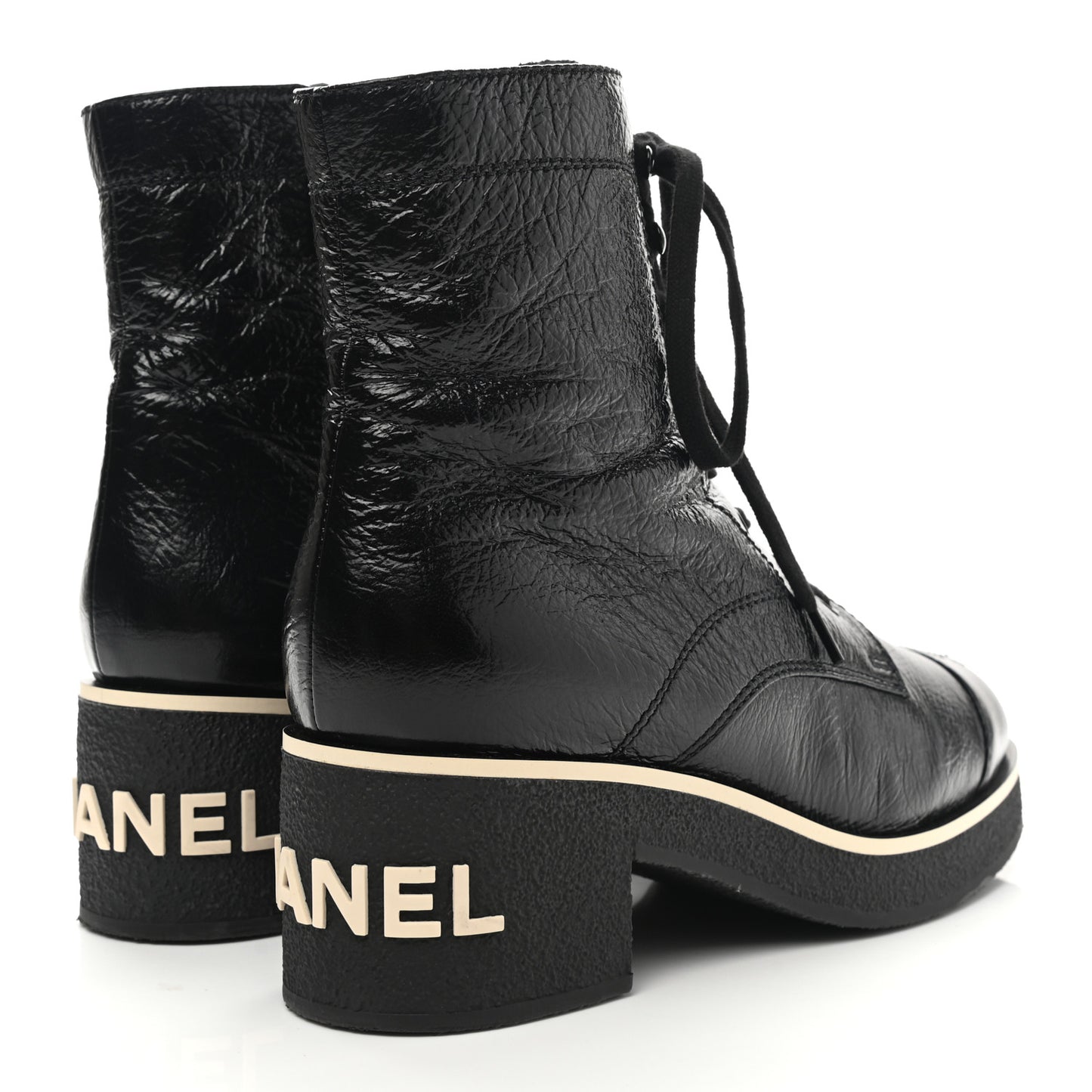Shiny Crumpled Lambskin Lace Up Combat Boots 40 Black