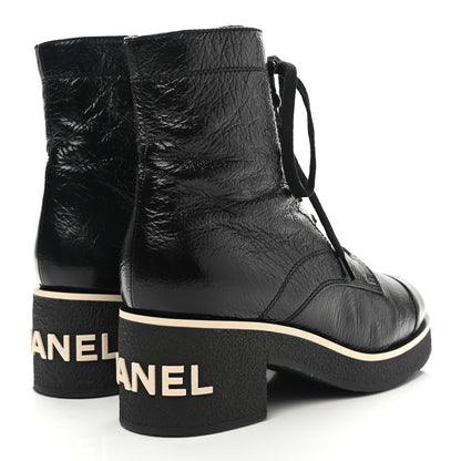 Chanel Shiny Crumpled Lambskin Lace Up Combat Boots 40 Black 4 of 9