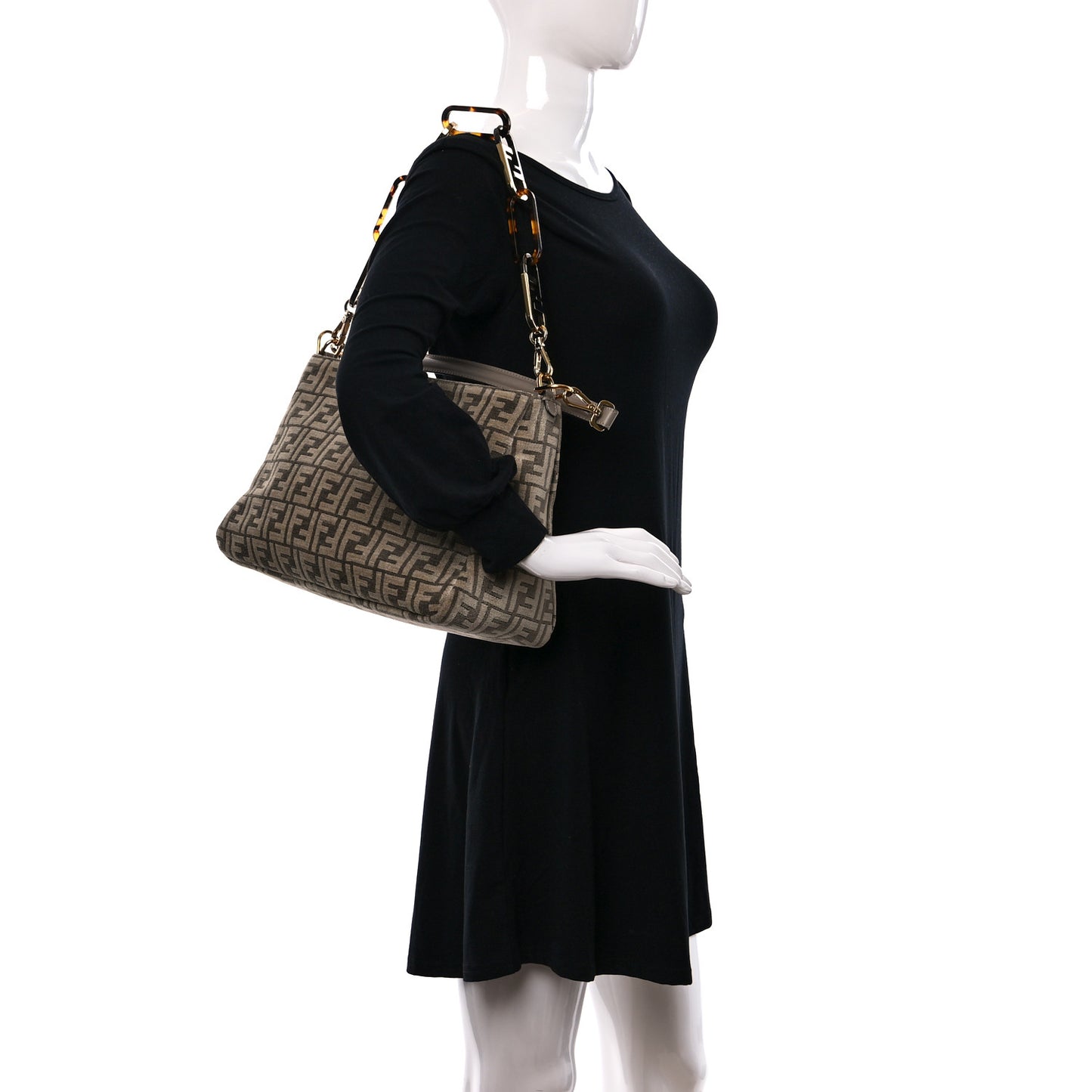 Chenille Vitello Seta Plexiglass FF Fendi O'Lock Zipper Tortora Nuvola