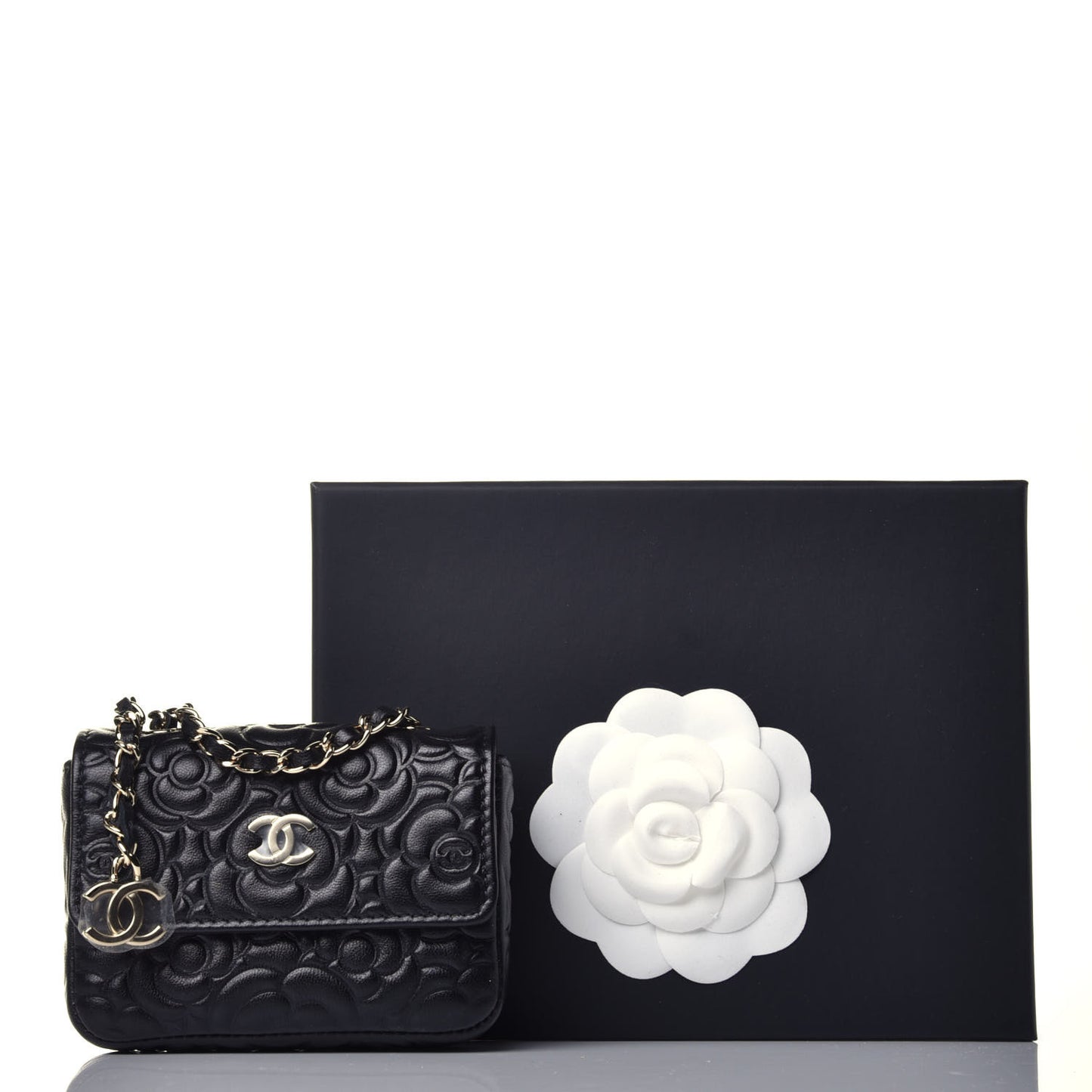 Caviar Camellia Embossed Chain Belt Bag Black