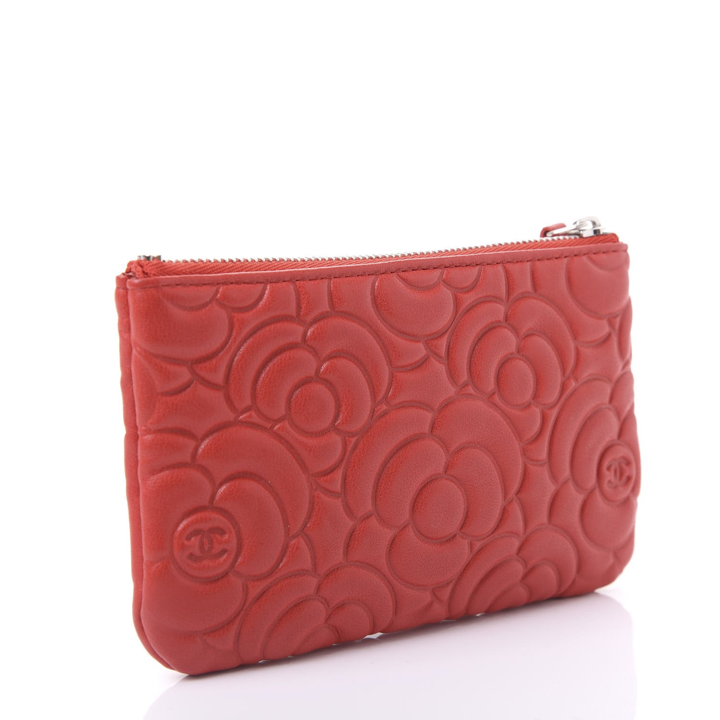 Goatskin Camellia Embossed Cosmetic Pouch Red