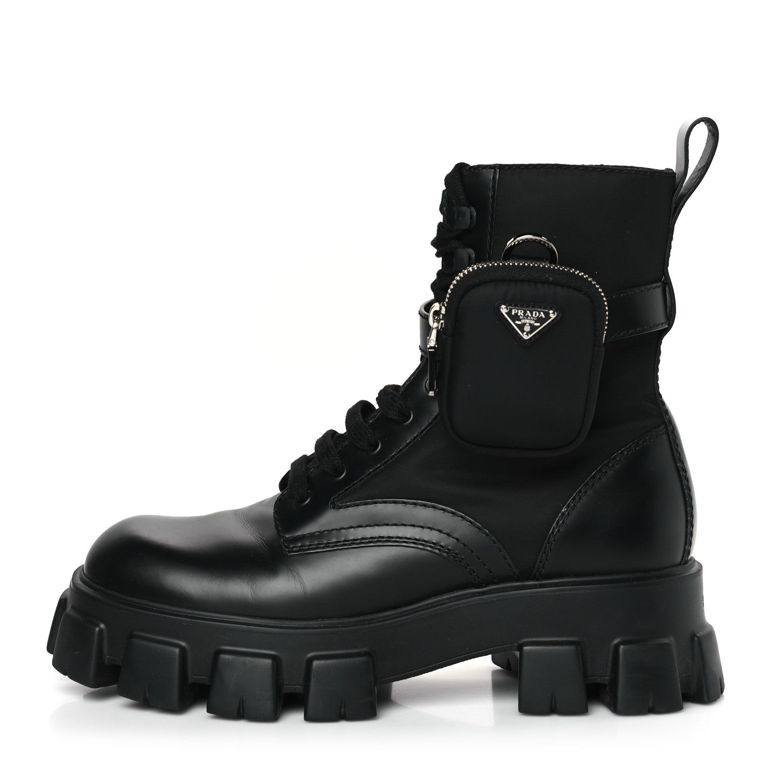 Prada Spazzolato Rois Re-Nylon Metal Triangle Logo Mens Monolith Pouch Pocket 60mm Combat Boots 9.5 Black 1 of 9