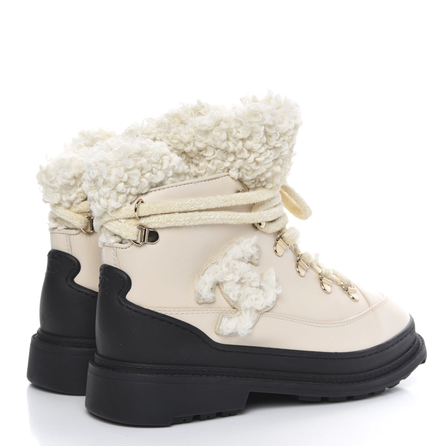 Calfskin Shearling CC Lace Up Boots 37 Light Beige Ivory