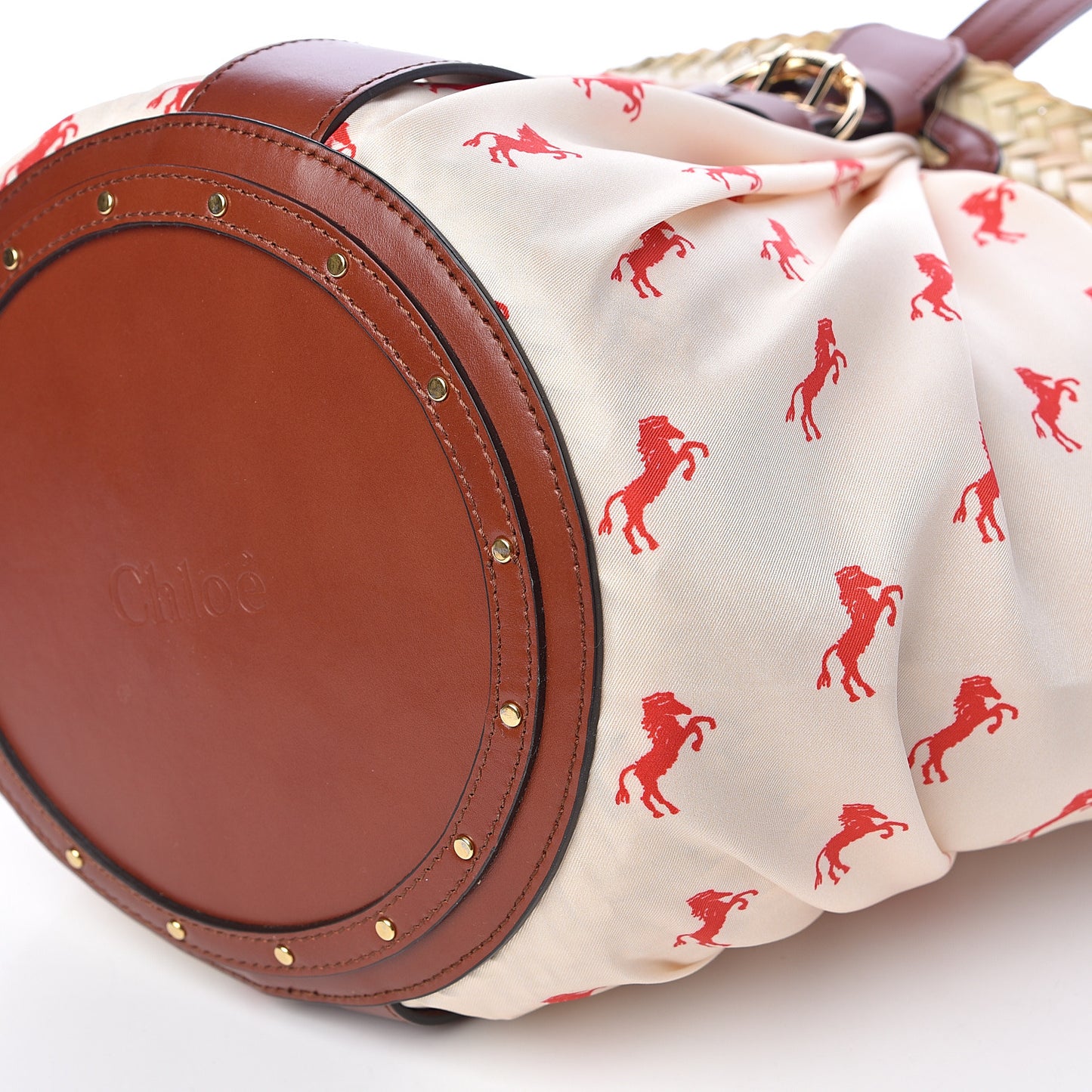 Smooth Calfskin Raffia Little Horses Medium Panier Basket White Red