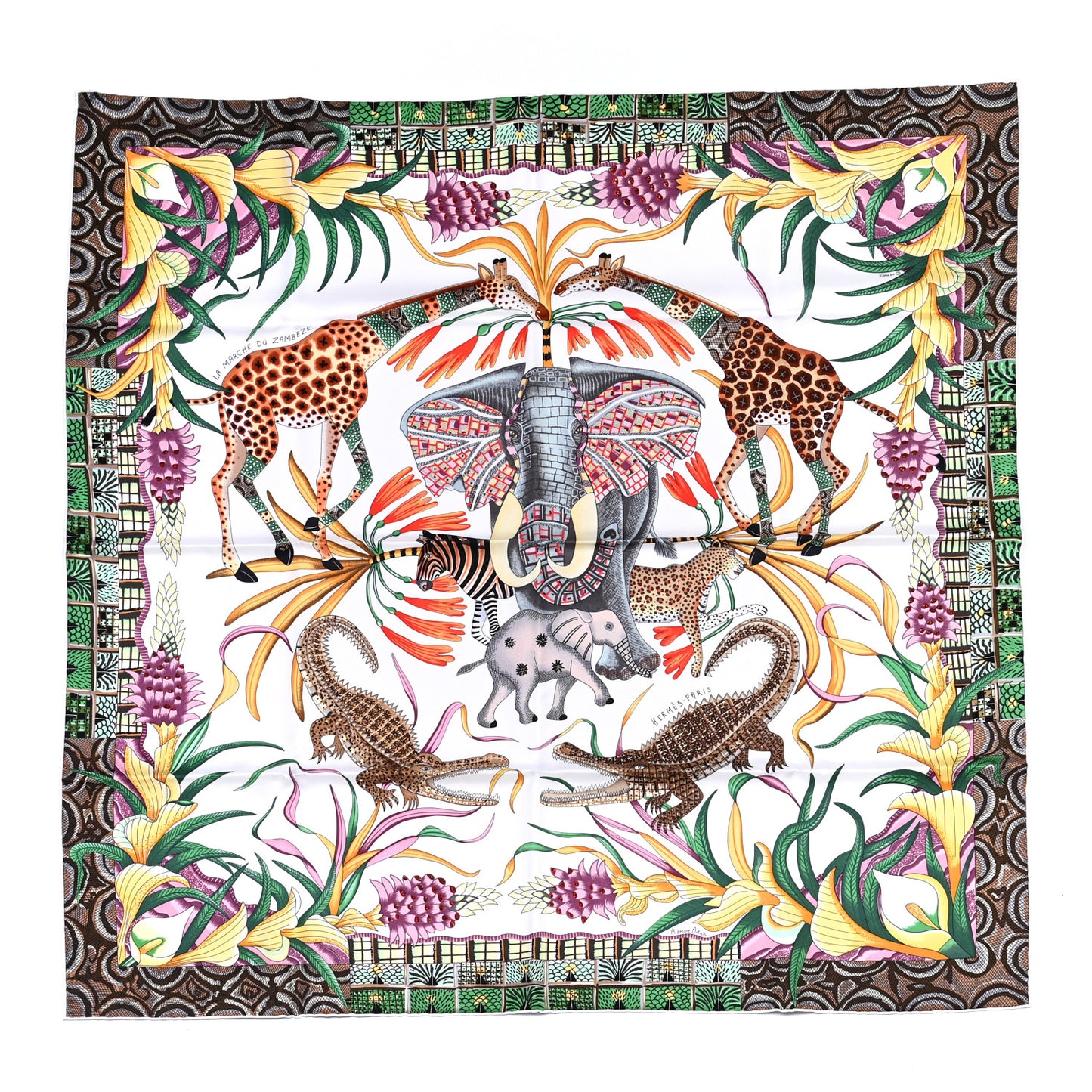 Silk La Marche Du Zambeze Scarf 90 Rose Pale Vert Jaune