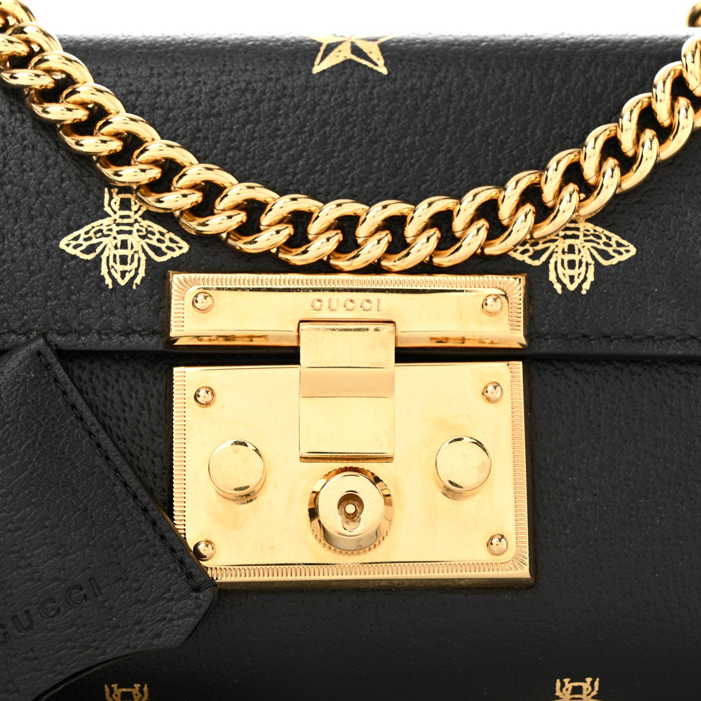 Grained Calfskin Bee Star Small Padlock Shoulder Bag Black