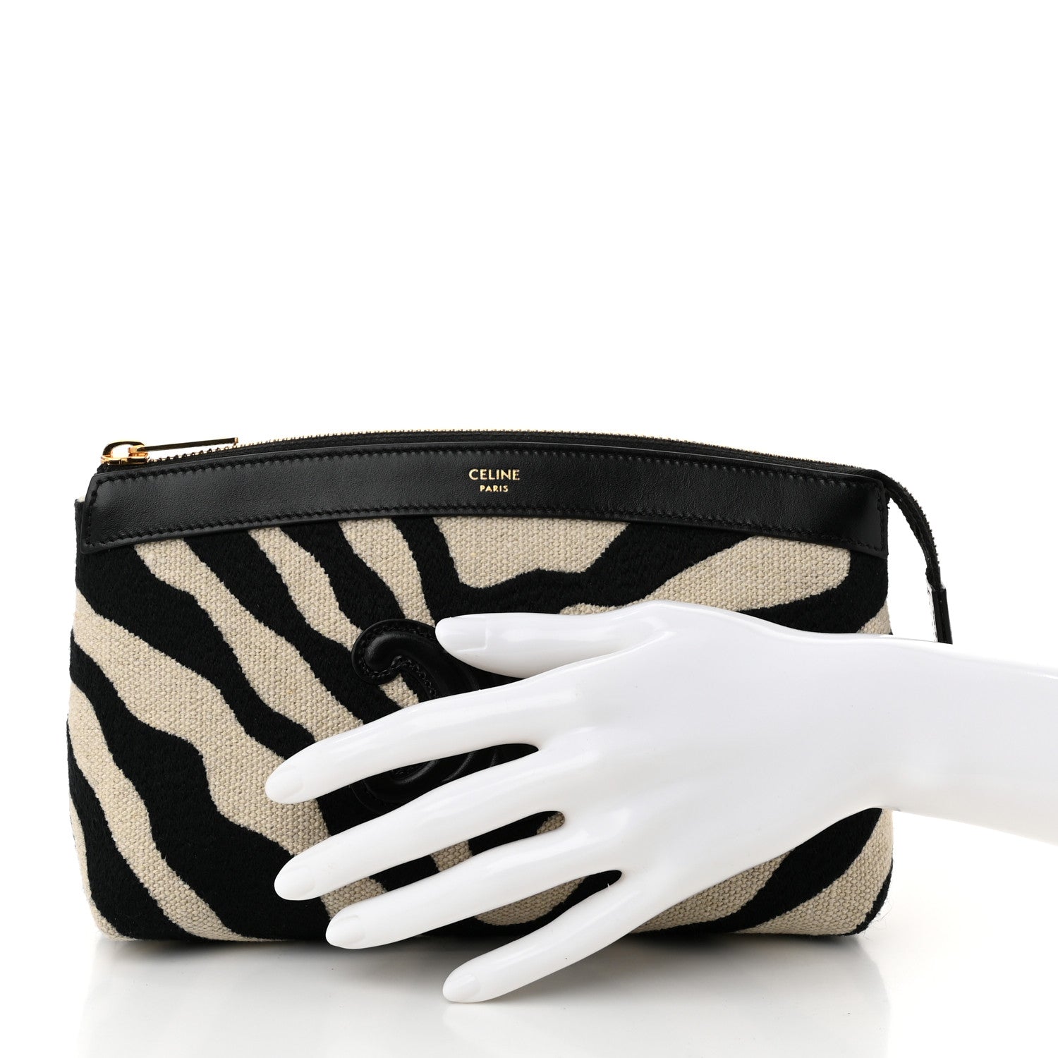 Celine Canvas Calfskin Triomphe Zebra Medium Pouch Tan Natural Black 2 of 9