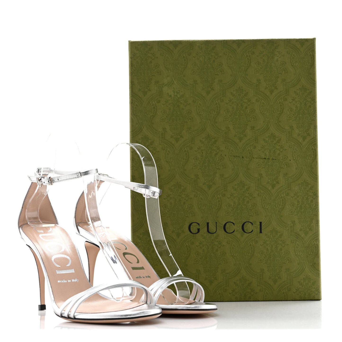 Nappa Silk Crystal GG Ankle Strap High Heel Sandals 38.5 Argento