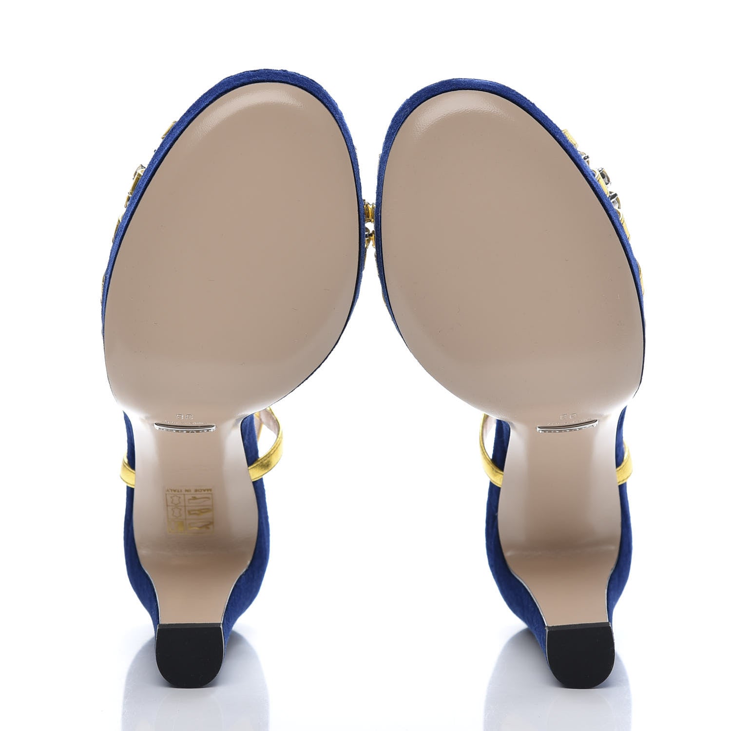 Gucci Velvet Nappa Crystal Zephyra Slingback Platform High Heel Sandals 38 Blue Gold 5 of 8