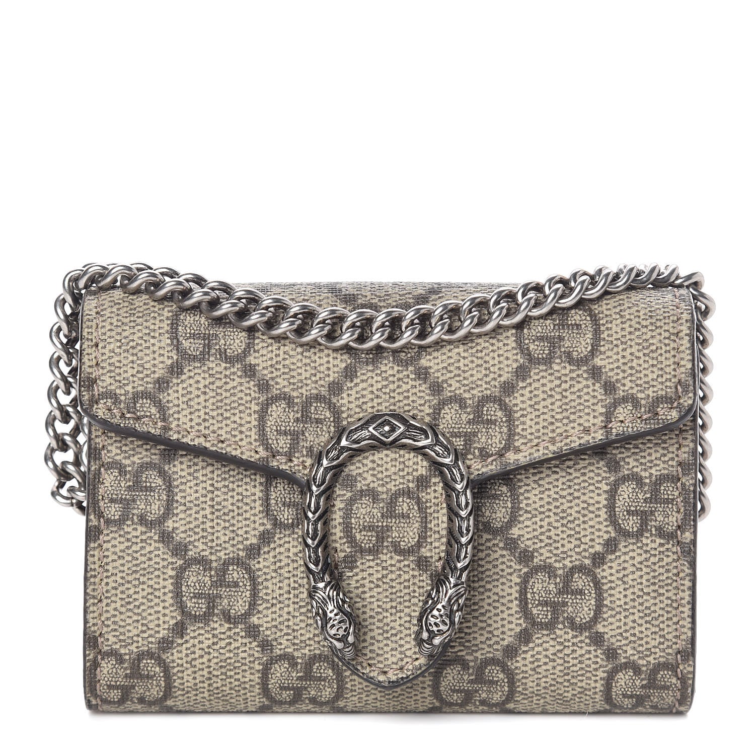 this is a front view image of a GUCCI GG Supreme Monogram Dionysus Coin Purse in the color Taupe by FASHIONPHILE