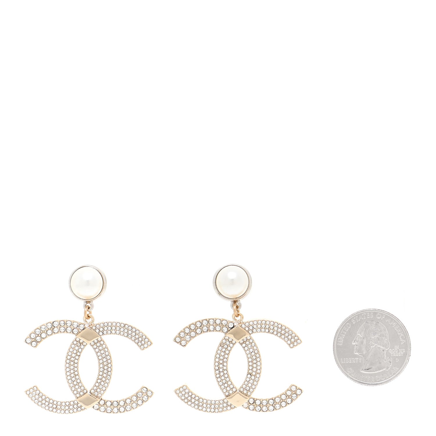 Chanel Crystal Pearl CC Drop Earrings Gold Silver 2 of 5