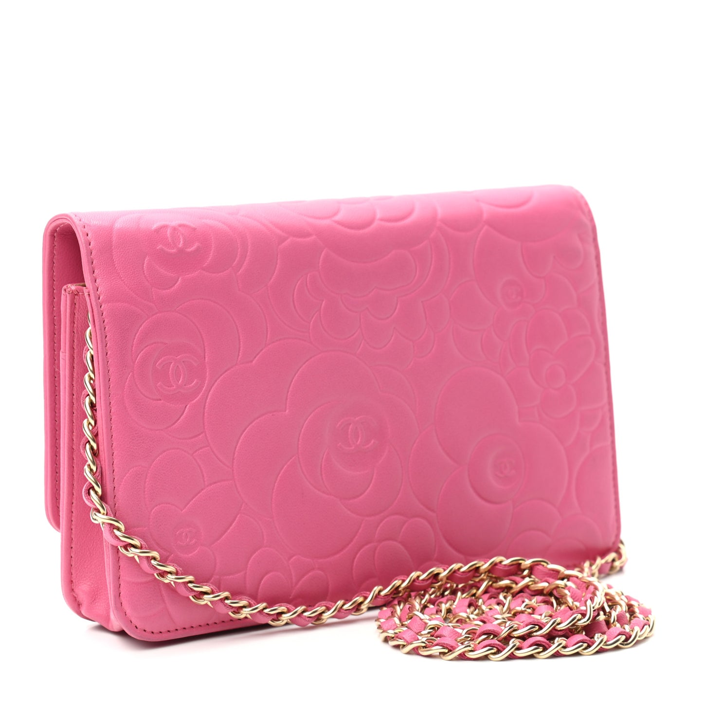 Lambskin Camellia Embossed Wallet On Chain WOC Pink