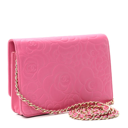 Chanel Lambskin Camellia Embossed Wallet On Chain WOC Pink 3 of 10