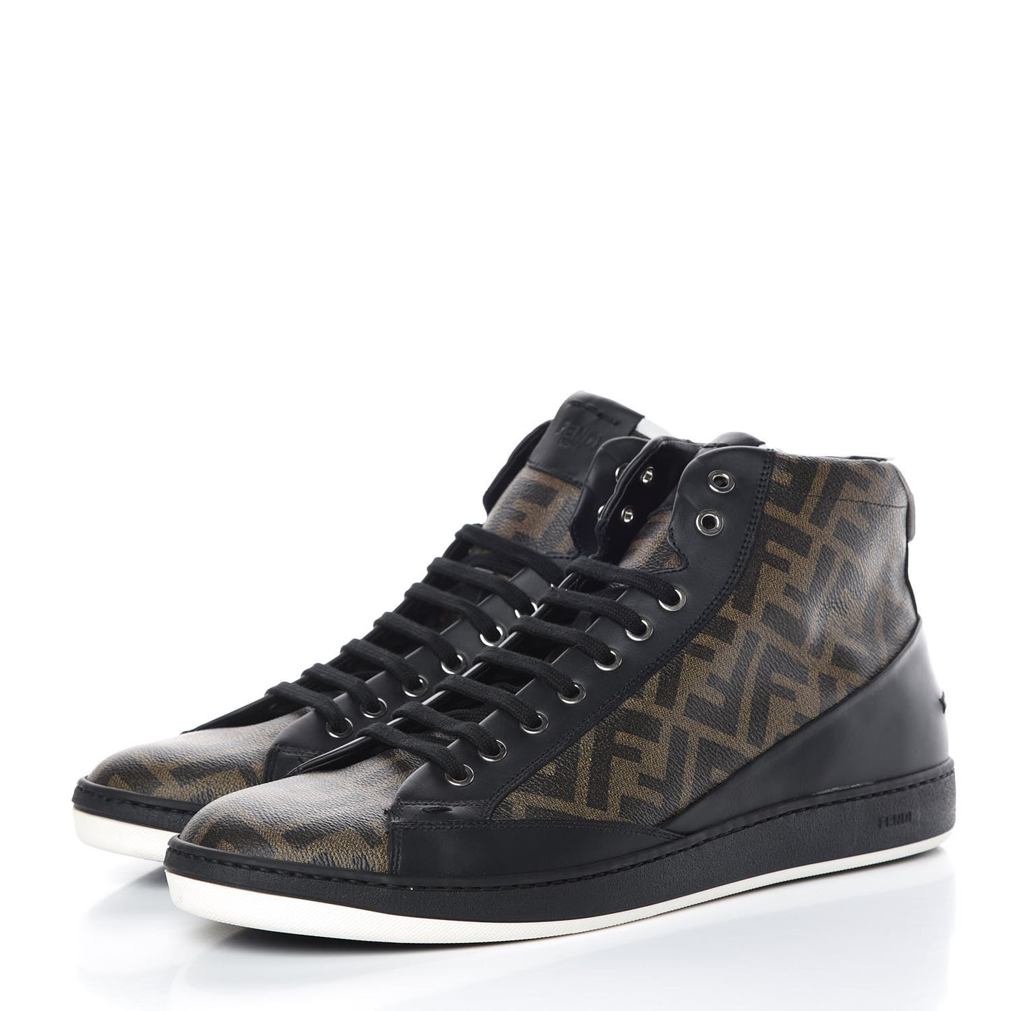 Glazed Fabric Calfskin FF Mens Wimbledon High-Top Sneakers 12 Tobacco Black White